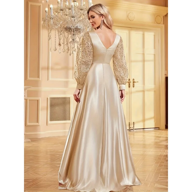 Dames luxe baljurk 2025, champagne pailletten avondjurk met lantaarnmouwen, feestjurk, vestidos de fiesta, op maat