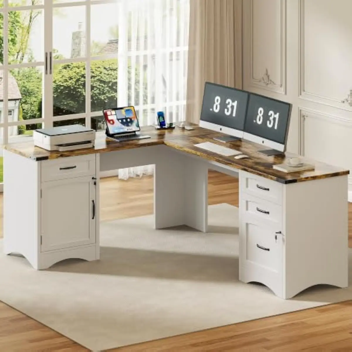Spacious L shaped workstation designed for modern home offices featuring clean white finish smooth melamine surface durable stee
