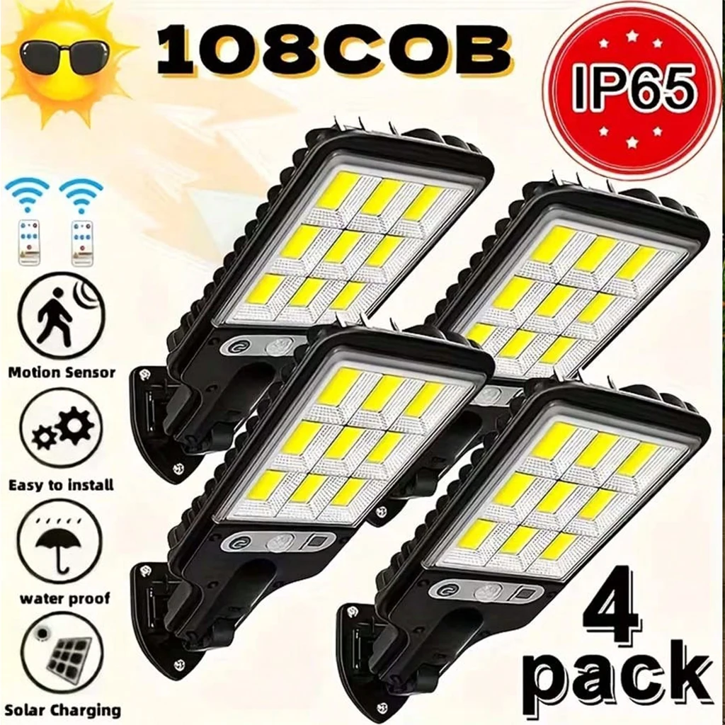 4PCS 108 COB Solar Street Light Outdoor Waterproof LED Wall Lamp with PIR Motion Sensor & Remote Control for Garden Yard Security Lighting