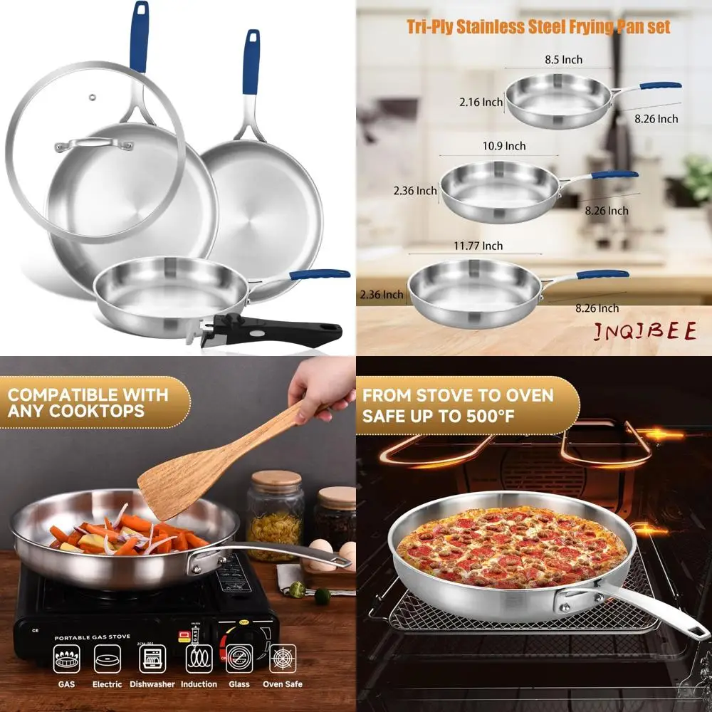 

Tri-Ply Stainless Steel Frying Pan Set - 8.5 to 10-12 Inch with Lid, Skillet, Induction Compatible, Cooking Pans Set for Pots an