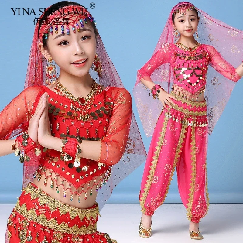 Children Belly Dance Indian Costume Set Sari Girls Dance Performance Chiffon Bollywood Outfit Children Indian Dance Costumes Set