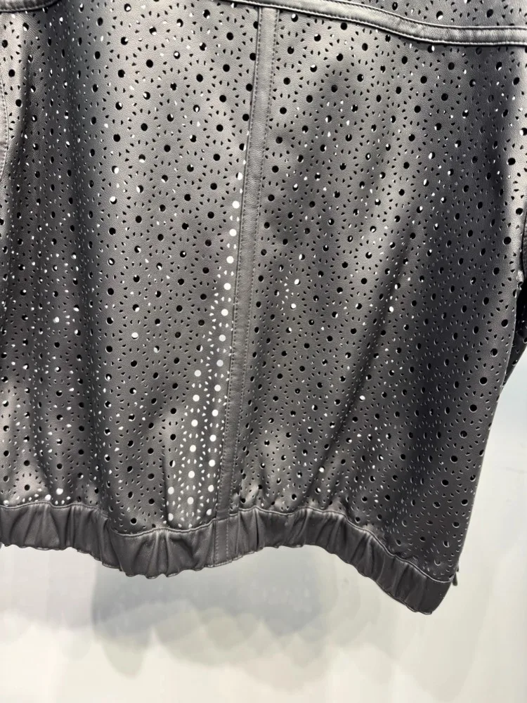 Vintage feminino outono oco para fora pele de carneiro jaqueta de couro genuíno único breasted o pescoço solto ajuste designer festa casaco outerwear