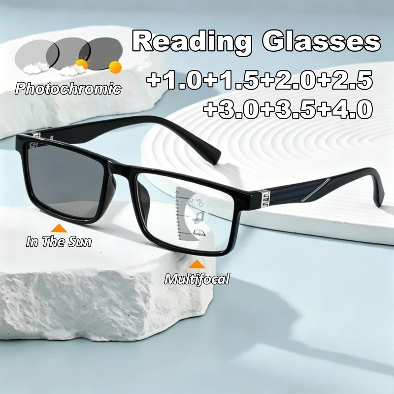 

Progressive Multifocal Photochromic Presbyopia Glasses Classic Men's Business Anti Blue Light High-Definition Reading Glasses