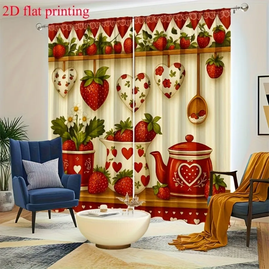 2PCS Digital Print Curtains, Strawberry Kitchen Pattern, Cute Fruit Cooking Decor Sweet Berry Farmhouse Style Kitchen Drapes