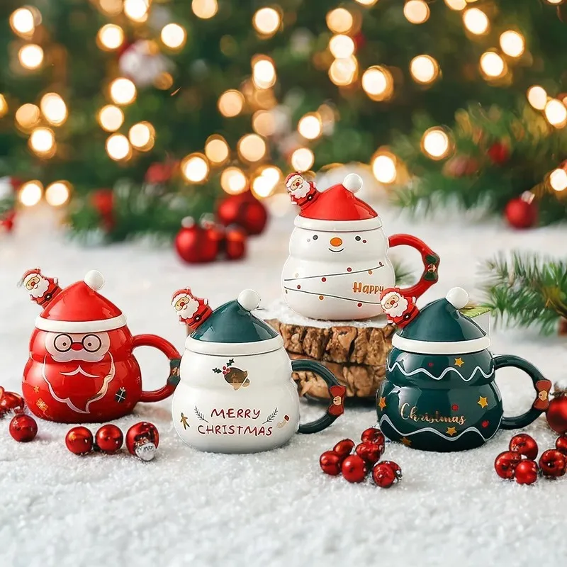 Christmas Mug New Year Gift Decoration Set Drinkware Party Decoration Coffee Cup with Lid Spoon Cartoon Cute Ceramic Mug Tea Cup