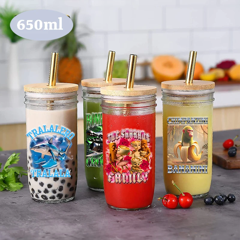 Taza de cristal Tung Tung Sahur con tapa y pajita, taza de té de burbujas transparente, vaso de jugo, lata de cerveza, tazas de leche y Mocha, taza de desayuno