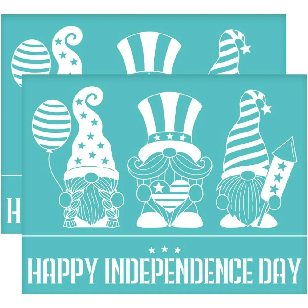 2Pcs 11x8.6 Inch Happy Independence Day Self-Adhesive Silk Screen Printing Stencil Independence Day Gnome Silk Screen Stencil