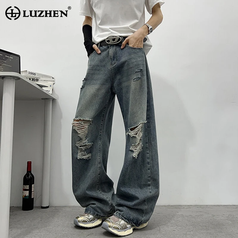 

LUZHEN Fashion Wornout Washed Broken Hole Design Loose Straight Denim Pants Men's 2025 New Vintage Original Street Jeans JY3068