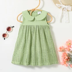 6-month-2-year-old Summer Sweet and Cute Girl Baby Doll Neck Spliced Tassel Back Open Barrel Button Sleeveless Dress One Piece