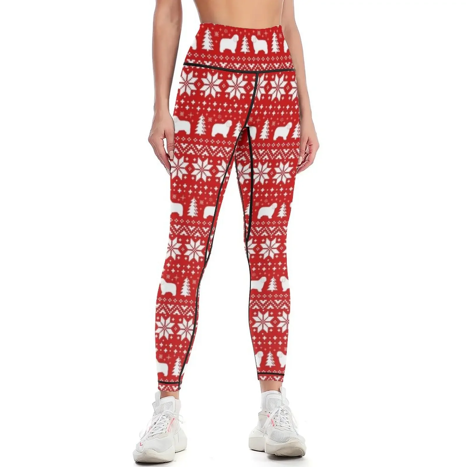 

Polish Lowland Sheepdog Silhouettes Red and White Christmas Holiday Pattern Leggings push up legging for fitness Womens Leggings