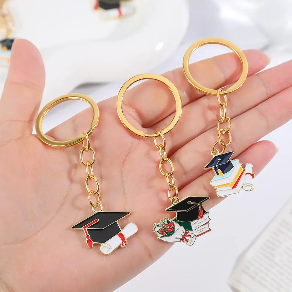 Creative Bachelor Hat Keychain Metal Book Test Paper Flower Pendant With Key Ring For Student Graduation Blessing Gifts