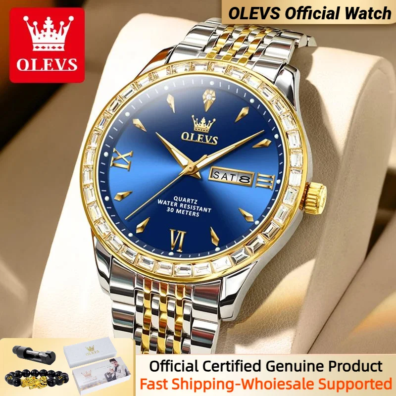 OLEVS 9922นาฬิกาผู้ชาย, นาฬิกาจอแสดงปฏิทินคู่ขอบเพชรนาฬิกาผู้ชายสแตนเลสสตีลกันน้ำชุดธุรกิจสำหรับผู้ชาย