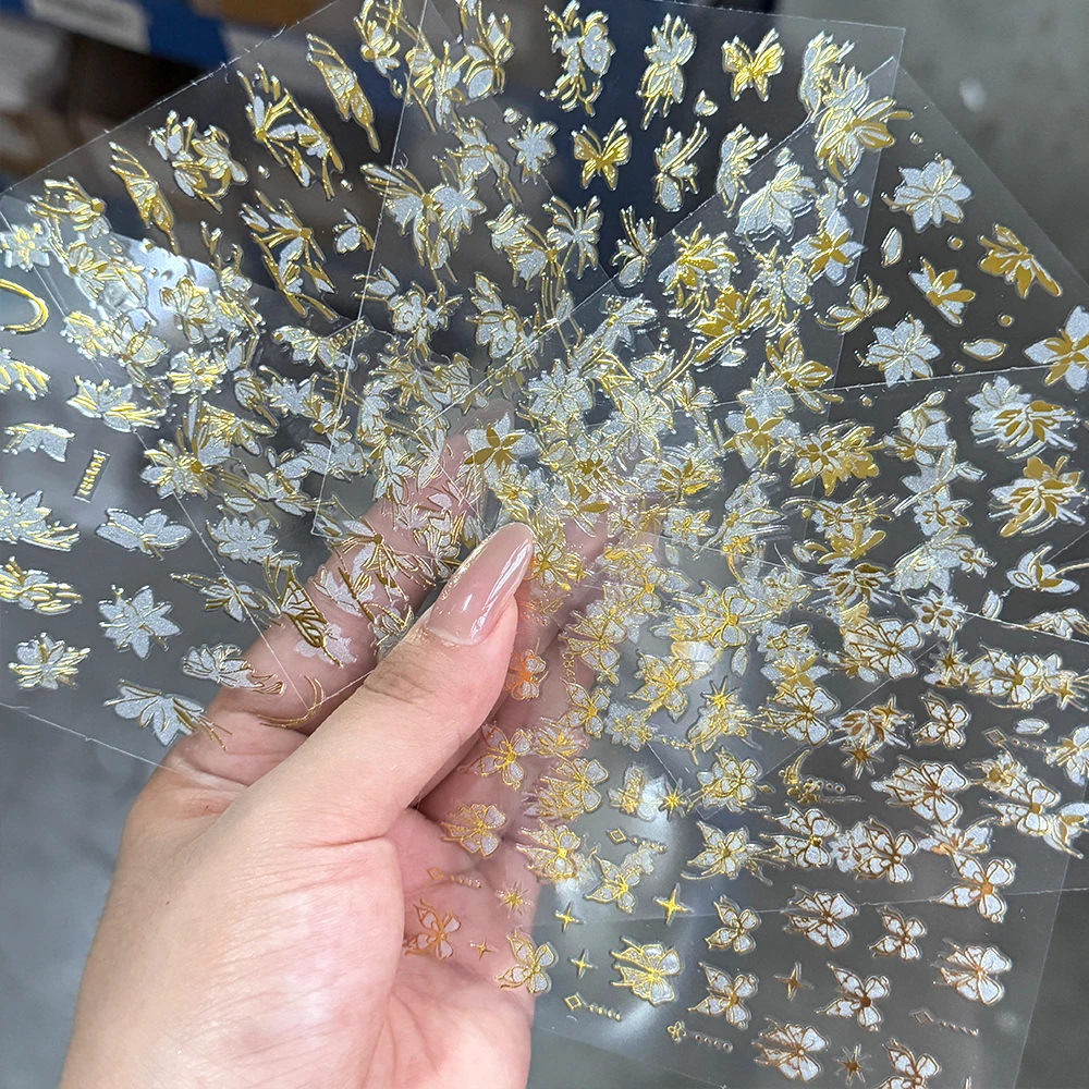 

6pcs 3D Butterfly Flower Ribbon Bow Nail Decal Bronzing Gold Glitter Floral Self Adhesive Nail Art Sticker Laser Manicure Slider