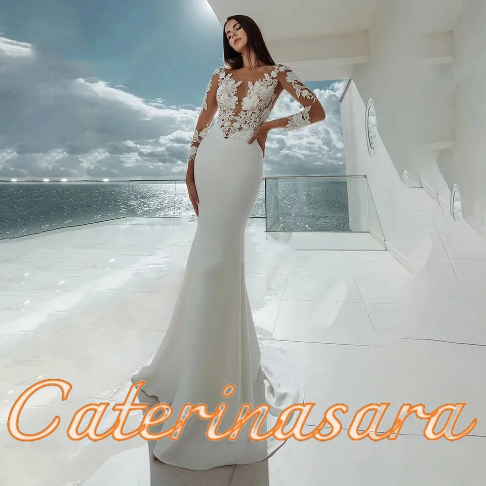 Vestidos De Noiva De Sereia De Manga Longa Branca, Sexy Illusion Neck, Apliques De Renda, Elegante Vestido De Noiva, Vestidos De Praia