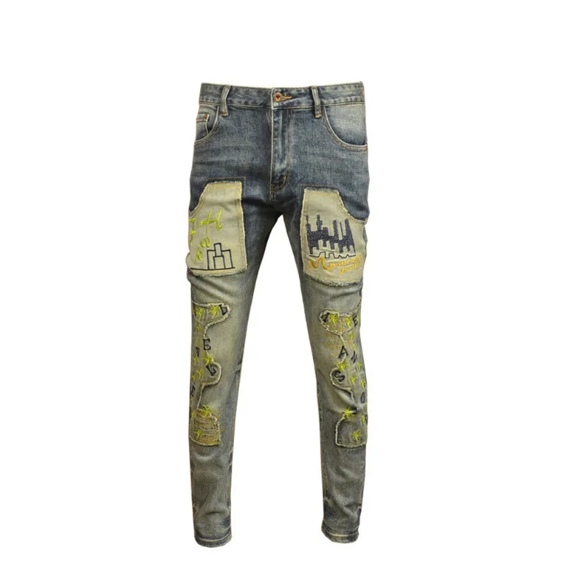 New Retro Jeans Men'S Fashion Brand Elastic Slim Fit Luxury High End Patch Embroidered Water Washed Casual Denim Pants