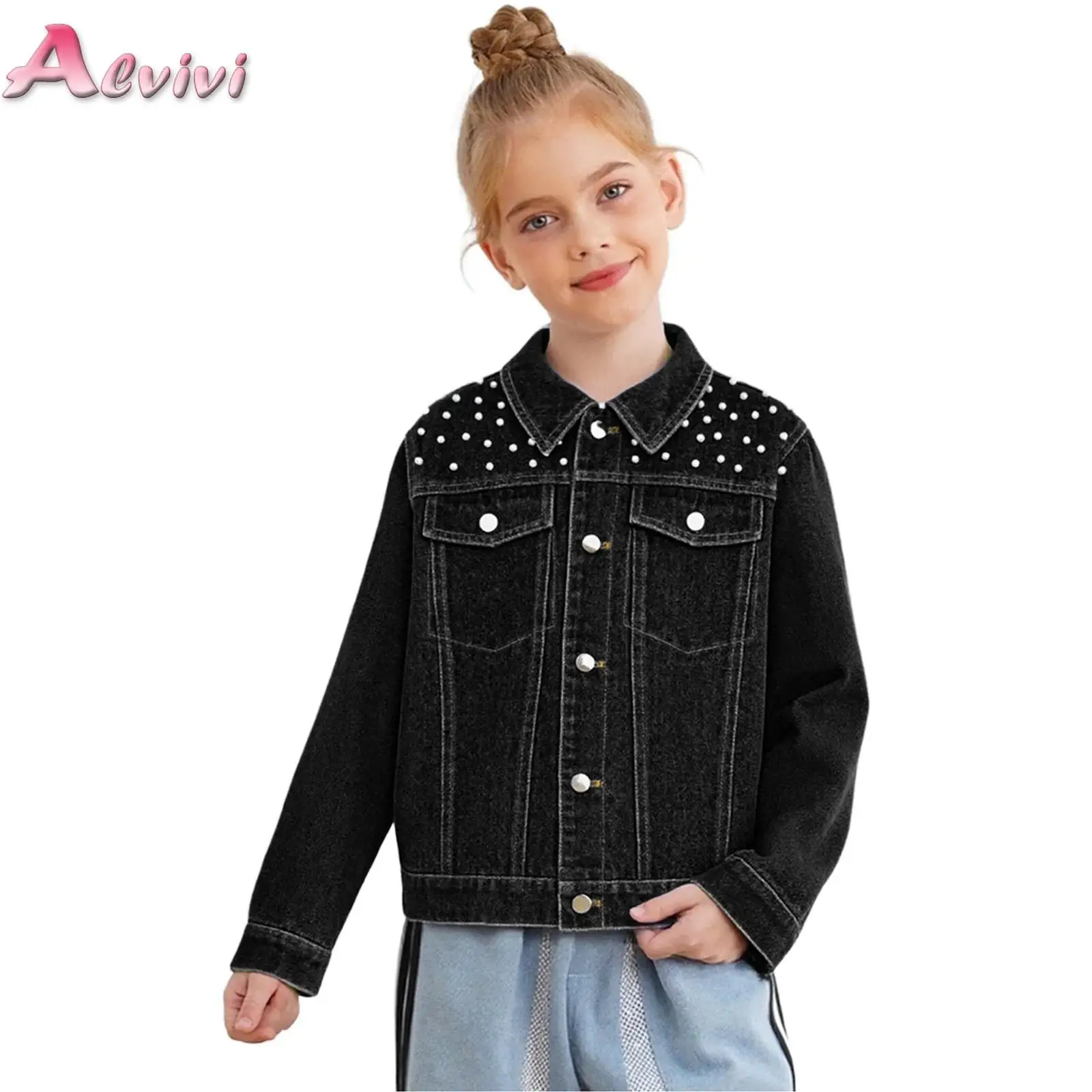 

Kids Girls Denim Jacket Turn-Down Collar Long Sleeve Plastic Beaded Button Jean Coat Outerwear with Flap Pockets Denim Coat