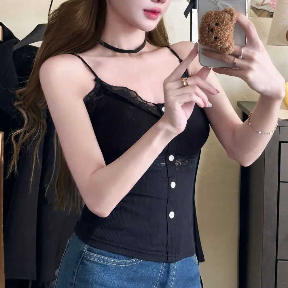 Fashion V-Neck Lace Camisole Slim Fit Strappy Camisole Vest Sexy Design Crop Top Summer
