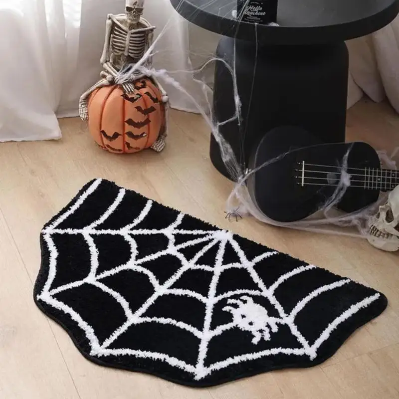 VIKAMA Schwarzer Spinnennetz-Halloween-Badezimmerteppich, rutschfest, Kaschmirimitat, unregelmäßig geformt, für den Eingangsbereich, Bodenmatte, Heimdekoration