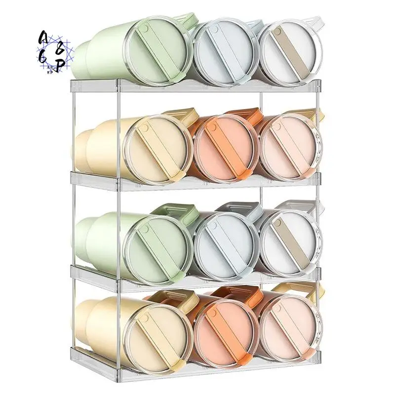A68P-Stackable Water Bottle Holder Organzier For 40 Oz Large Tumbler, 4 Tier Clear Tumbler Bottle Cup Rack, Hold 12