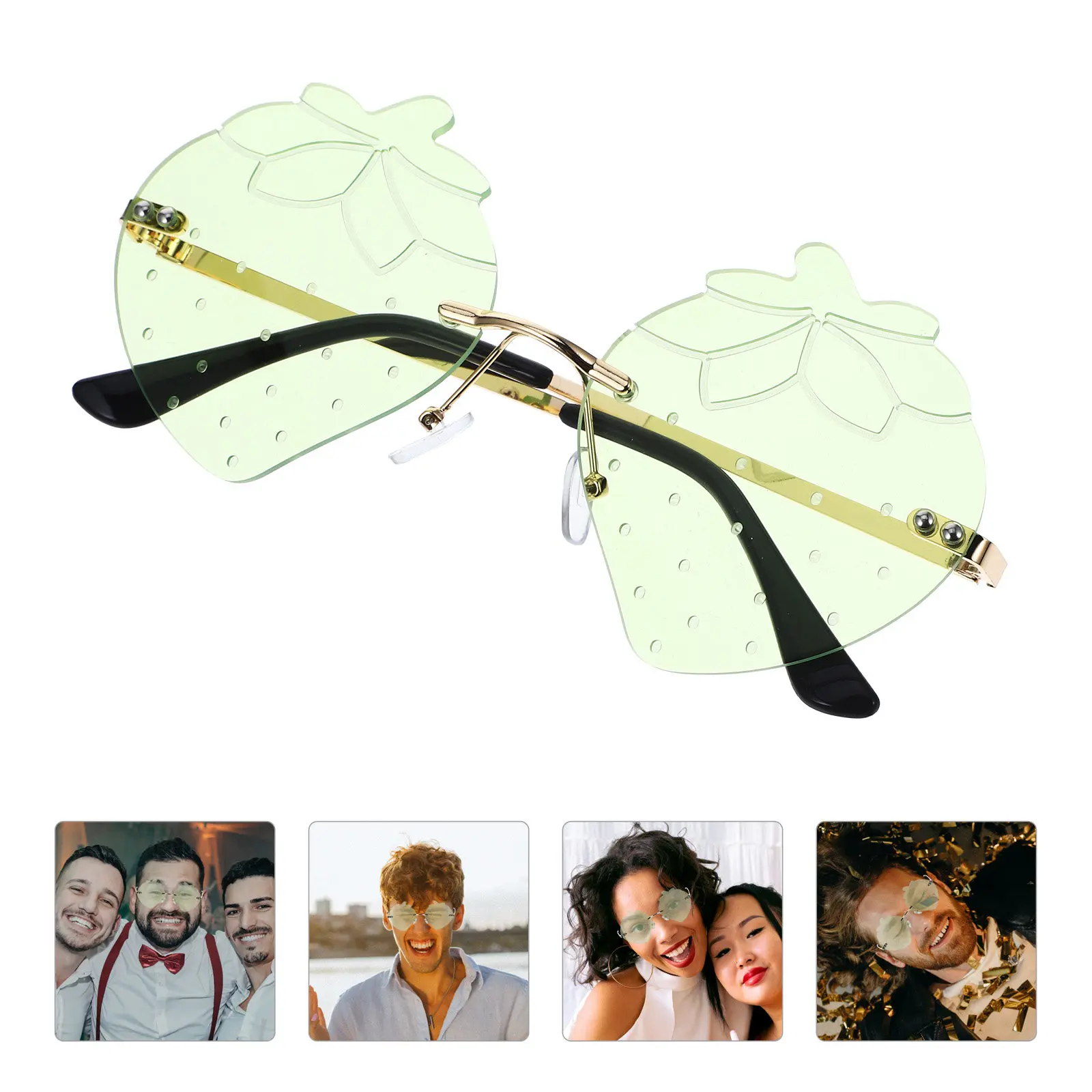 

1 пара безрамочных солнцезащитных очков в форме клубники для вечеринок, фестивалей, маскарадов, карнавалов, Рождества, пляжа, реквизит для фотосессий, летние очки