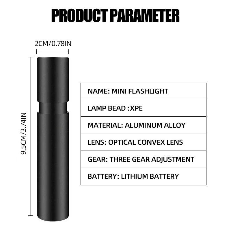 Mini portátil LED USB lanterna recarregável, pequeno bolso luz, construído em bateria, foco fixo, Zoomable, Camping, Procurando lanterna