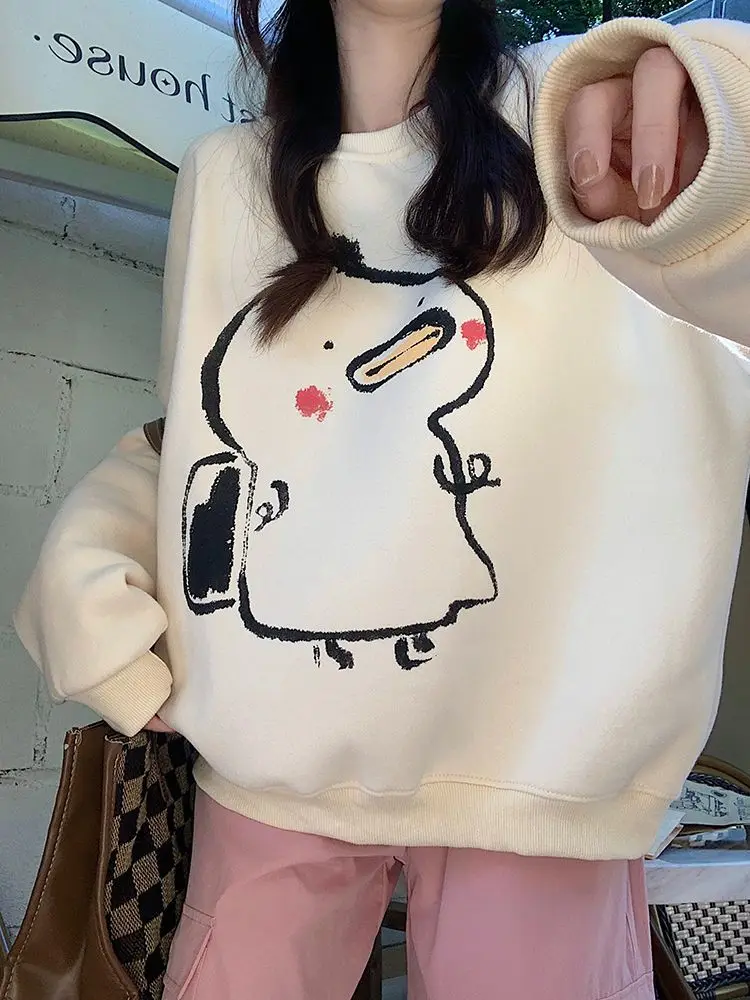 المرأة المتضخم Crewneck البلوز ، الكورية الصوف هوديس ، Kawaii الكرتون ، بلايز عادية ، الإناث ، الخريف ، الشتاء ، الكورية