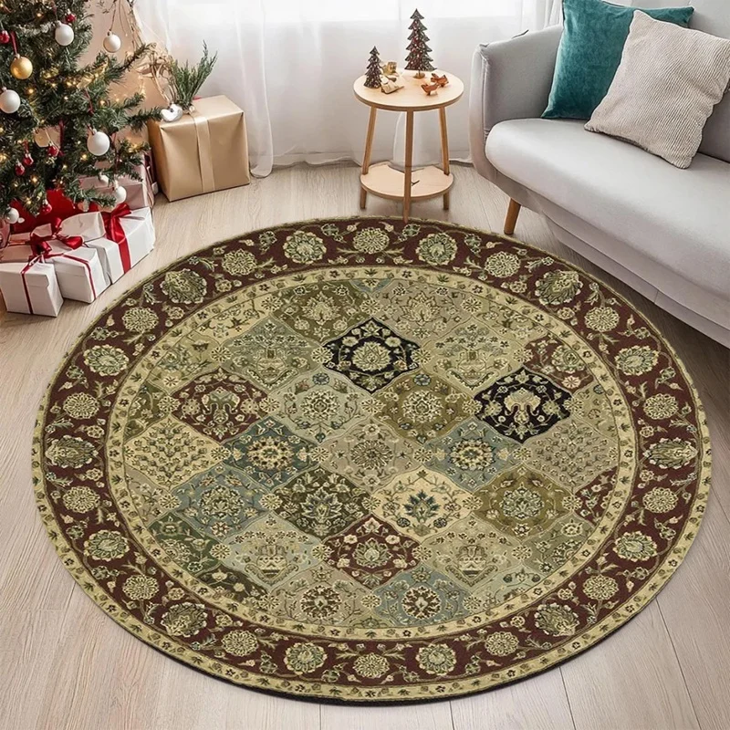 Oriental Vintage Floral Round Area Rug, Classic Ethnic Patchwork Circular Floor Mat, Indoor Home Ornament