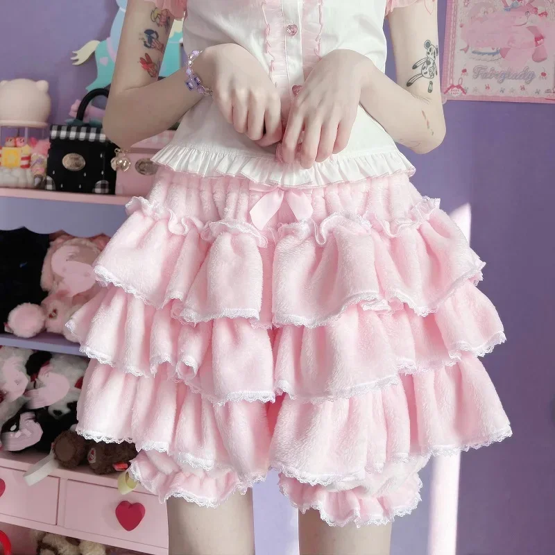 Pink Layered Ruffle Pumpkin Pants Y2k Sweet Lolita Bloomers Shorts Autumn Winter JK Plush Shorts Japanese Lantern Shorts