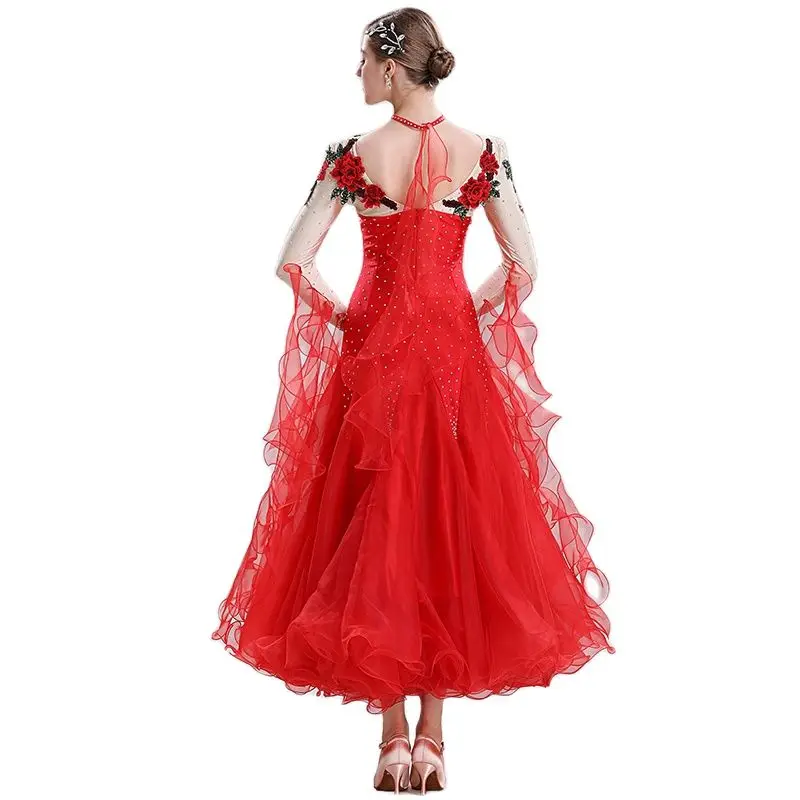 Exquisite Tailoring Fit and Flared Red Standard Ballroom Dress For Competition Waltz Dance Dress Foxtrot Dance Wear Ball Gown