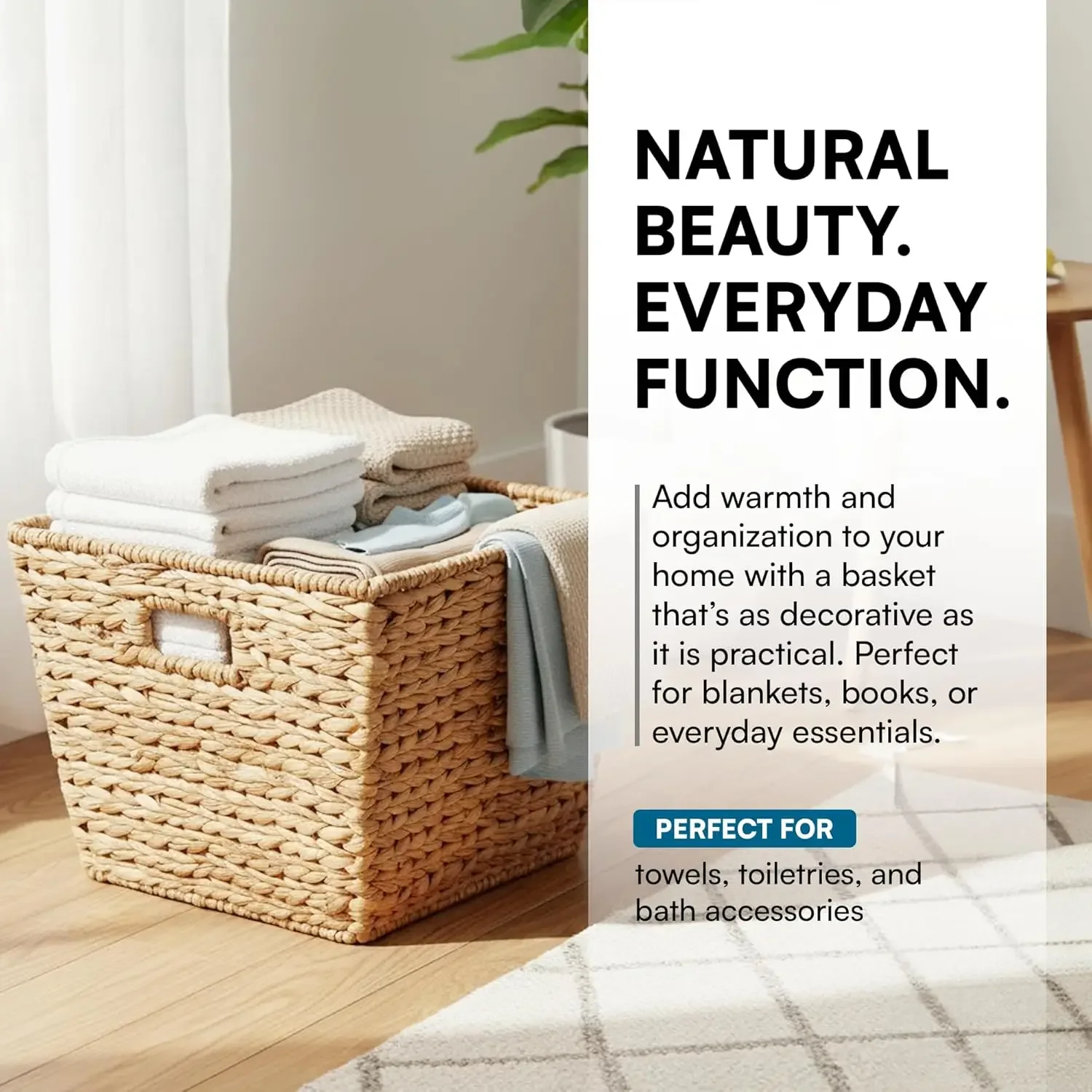 

Large Natural Tall Square Water Hyacinth Basket Bin 15x15x12, Storage Organizer for Home Decor, Bathroom, Office