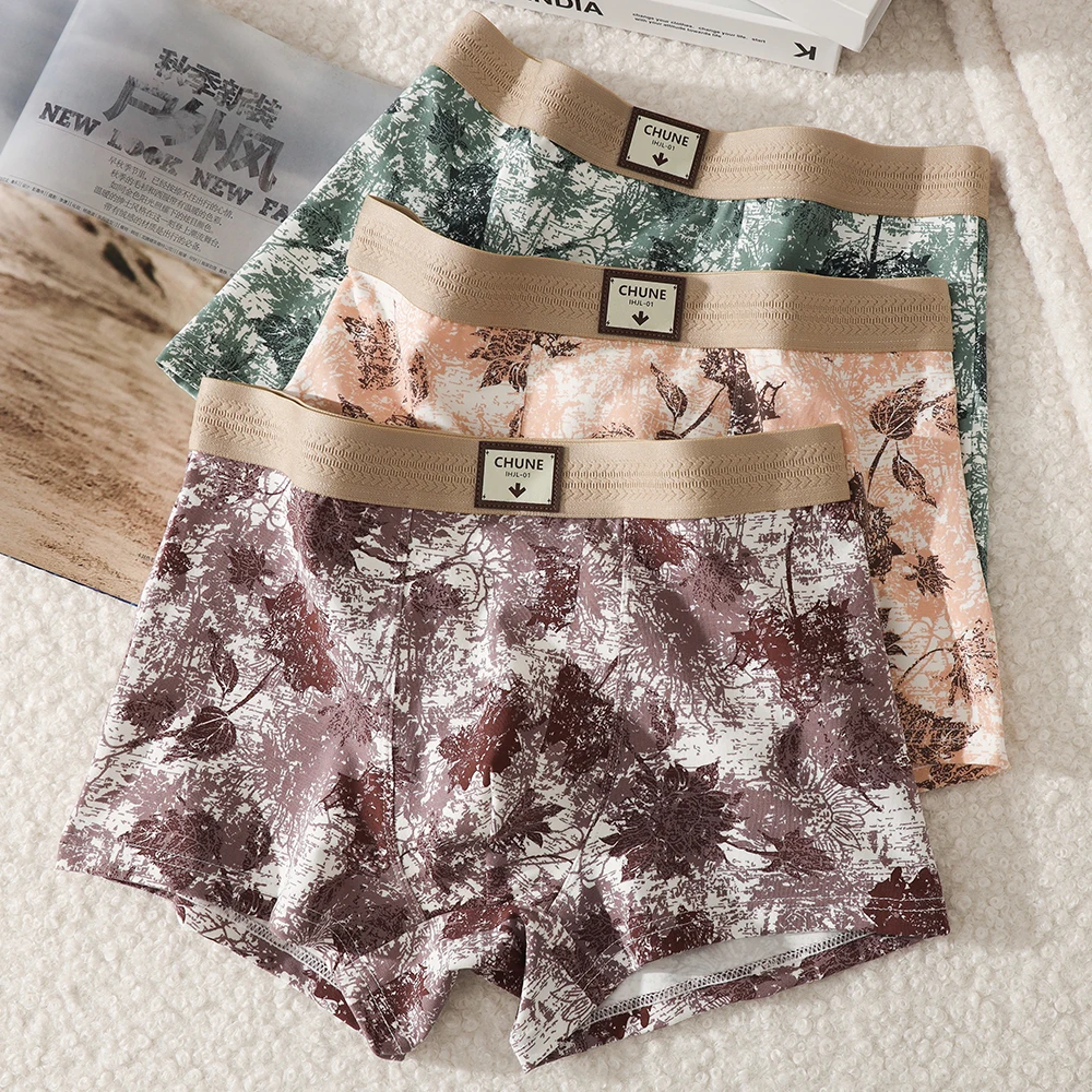 

3PCS/Pack Cotton Vintage Maple Leaf Print Men's Panties Hygroscopic Breathable Mesh Crotch Underwear High Elastic Waist Boxers