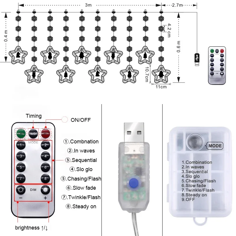 3M Snowflake Star Christmas LED Curtain Light String USB Remote Control Window Garland Lamp Christmas Home Decoration Navidad