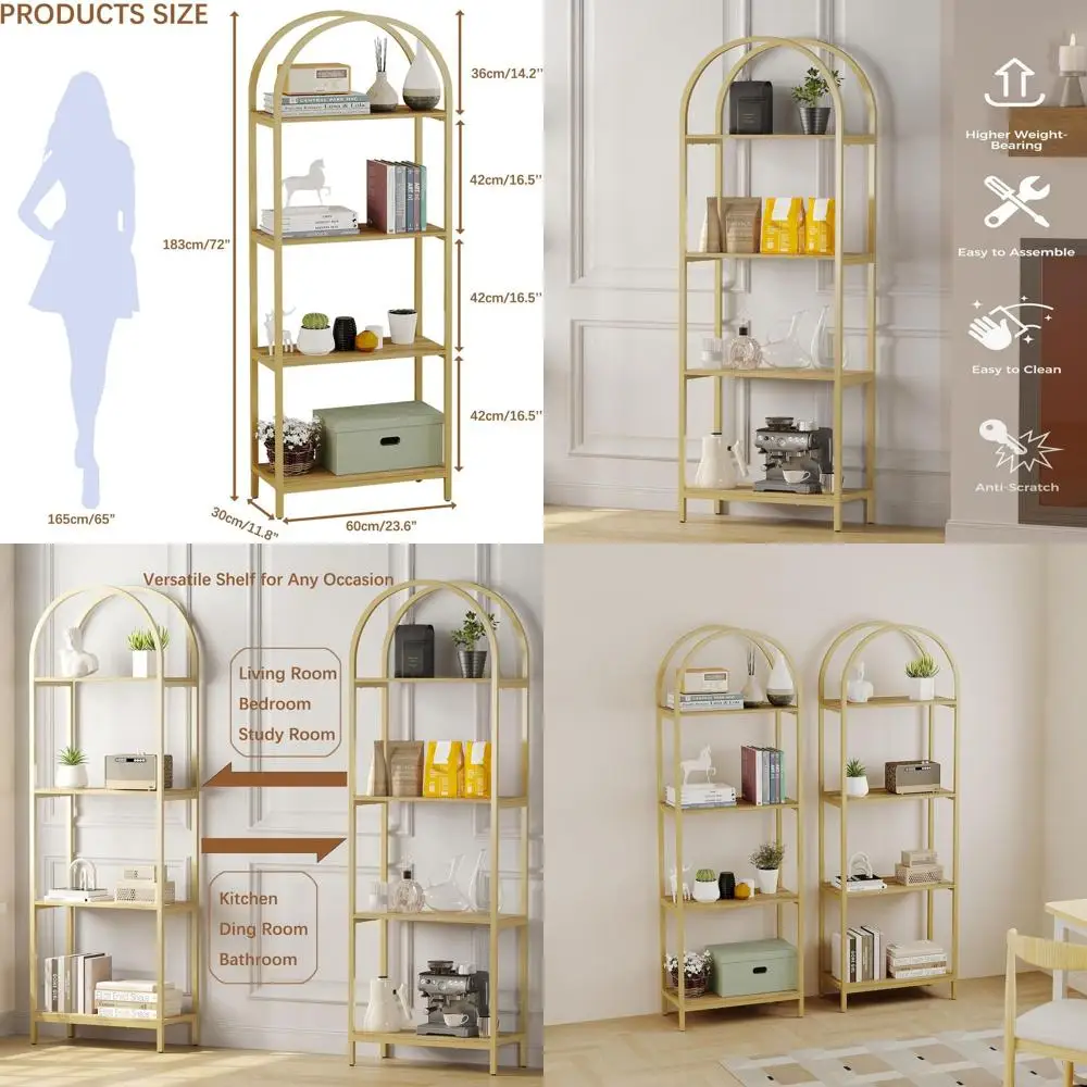 

Арочная 4-ярусная промышленная книжная полка с металлическим каркасом, 72 высоких открытых полки для хранения, для домашнего офиса, гостиной, золотистого и натурального цвета