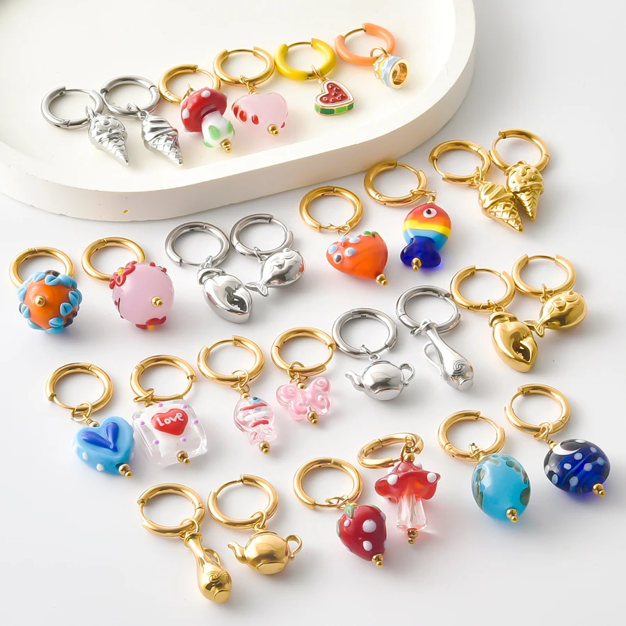 1Pair Korean Colorful Glazed Flower Sweet Love Y2K Girl Chic Huggies Aretes Cute Fruit Strawberry Mushroom Hoop Earrings Jewelry