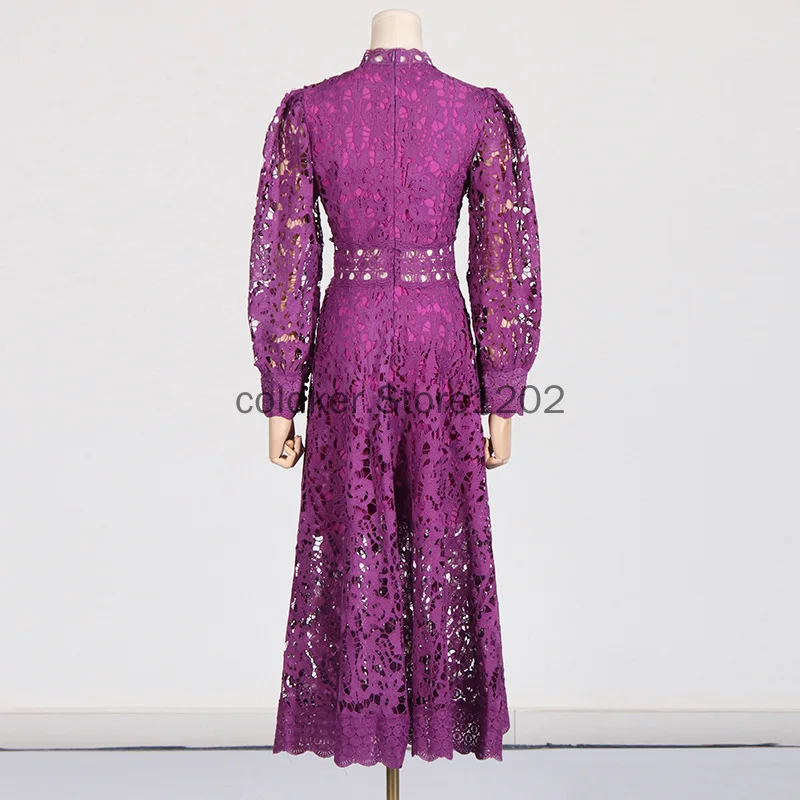 Sukienka damska w stylu vintage, fioletowa, z wysokim kołnierzem, długim rękawem, wysoką talią, wycięciami i koronkowymi wstawkami, nowa kolekcja wiosenna.