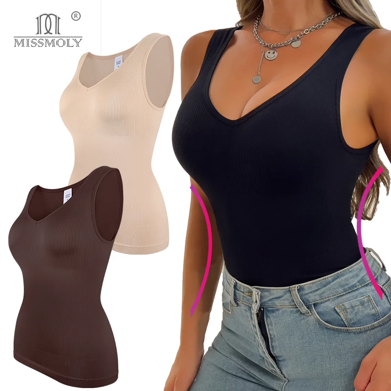 Shapewear Women Shirts S-3XL Sleeveless Body Shaper V Neck Compression Tank Tops Tummy Control Underwear Wide Strap Fajas