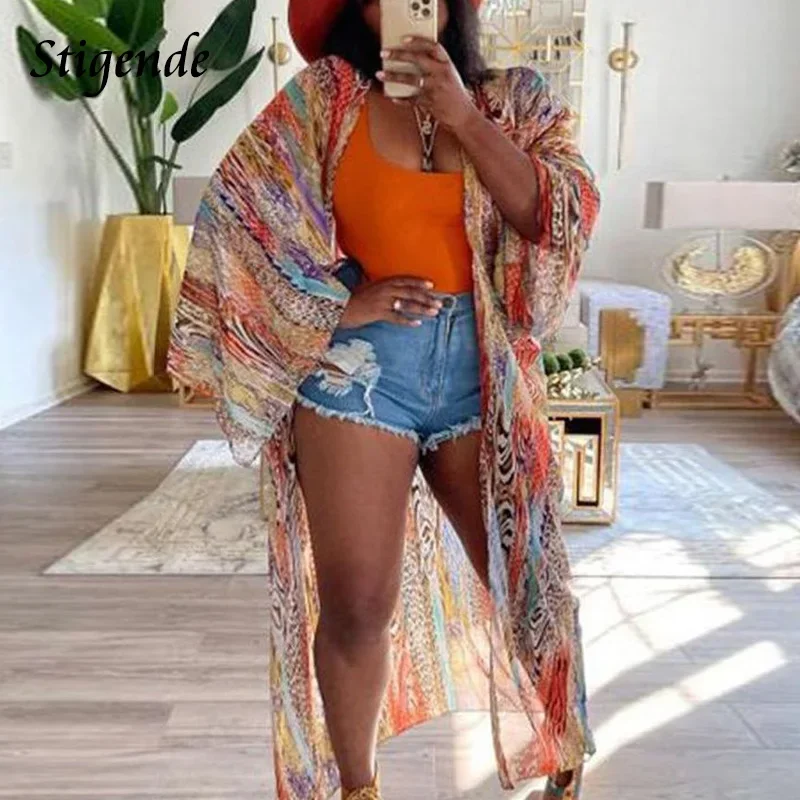 Stigende zomer strand chiffon cover-up jurk dames lange mouw losse kimono kaftan