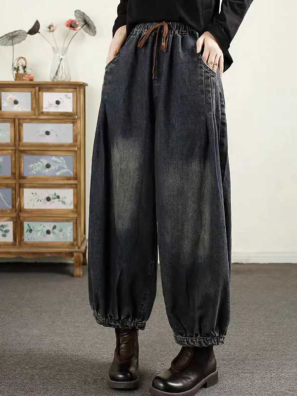 レトロな大きいサイズの色あせたジーンズ女性の秋冬ルーズ弾性ウエスト痩身ランタンパンツ多用途ハイウエストコットンジーンズ