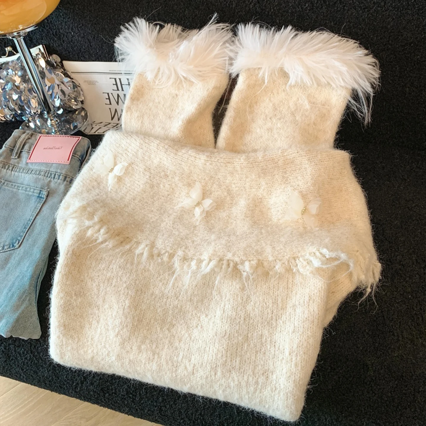 سترة نسائية بلون واحد بكتف واحد بلوفر على شكل فراشة بأكمام طويلة لخريف وشتاء 2025 على الطراز الكوري بلوزة فضفاضة #5