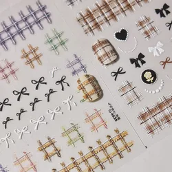 Woolen Grid Pattern Bowknot Nail Stickers High Quality 3D Embossed Design Adhesive Winter Nail Art Decoration T-4534