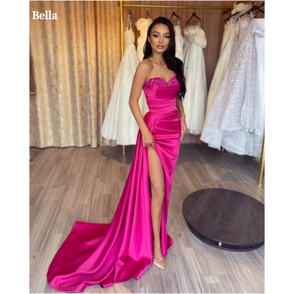 

Bella Customized Rose Red Sequins Strapless robes de soirée Emulation Silk Side Slit Party Dresses Floor-Length Prom Dress 2024