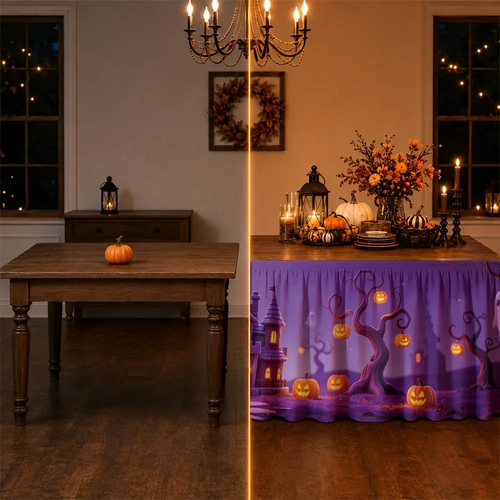 Horror Ghost Castle, Purple Dusk, Pumpkin, Ghost Trees, Halloween, Autumn Night Party, Tableclothxzj