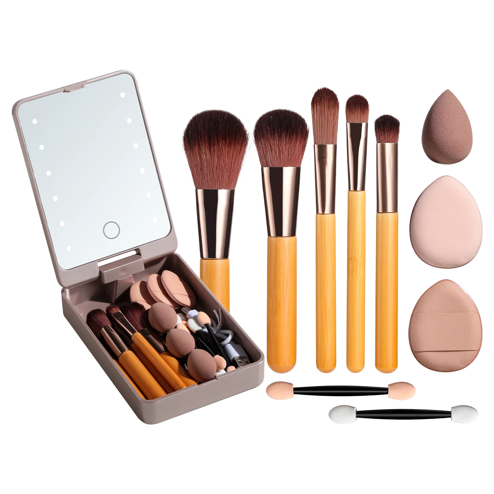 Bamboo Makeup Brush Set with LED Mirror Foundation Brushes Mini Sponges Cushion Puffs Eyeshadow Applicators Travel Cosmetic Kit