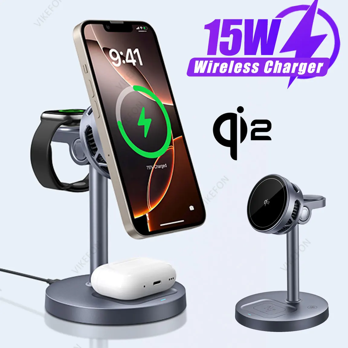 Qi2 Magnetic 15W Wireless Charger 3 in 1 Phone Stand For Magsafe iPhone 17 16 15 Pro Max 14 13 12 Apple Watch 10~2 AirPods 4 Pro
