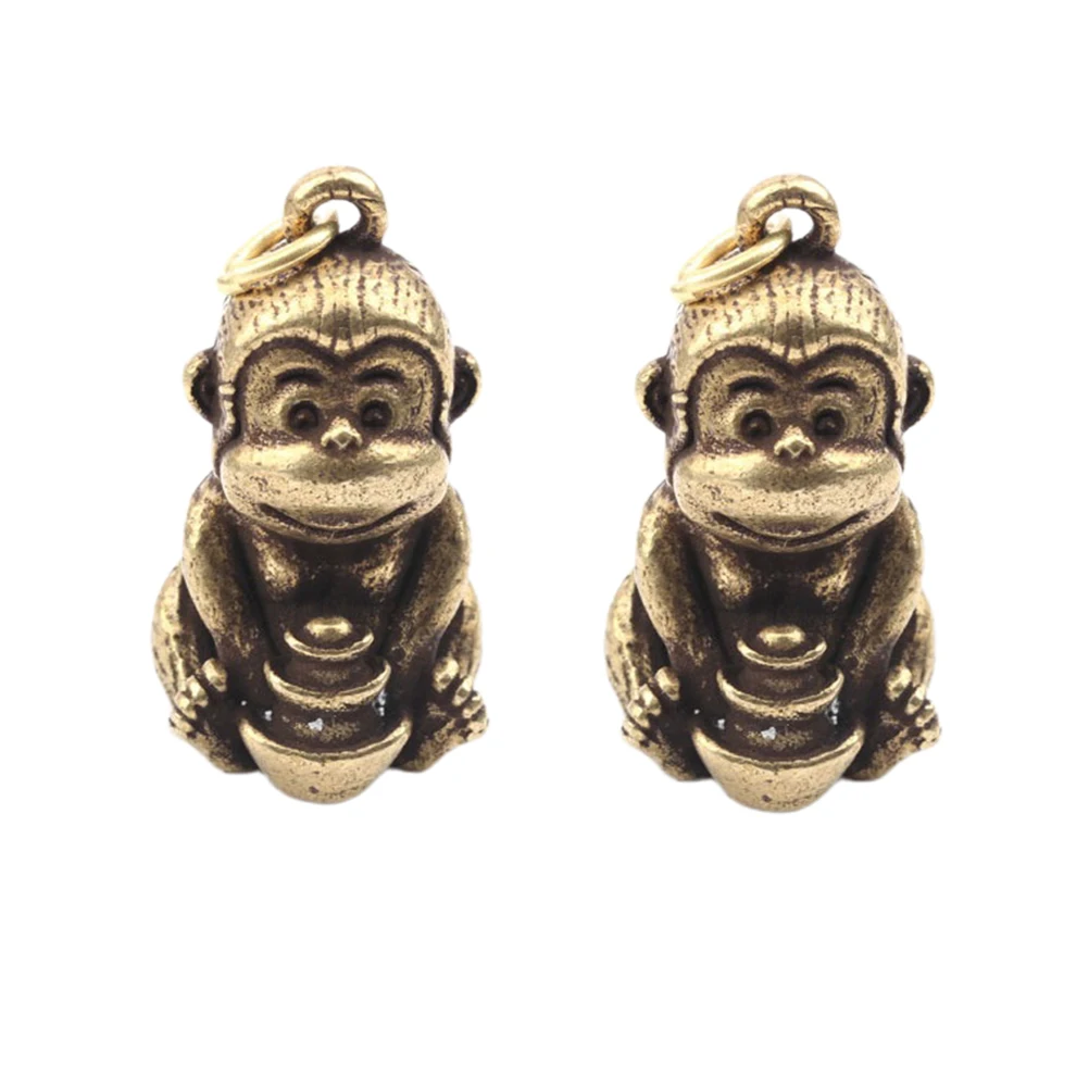 

2 Pcs Brass Monkey Ornaments Holding Ingot Zodiac Shaped Decor Home Desktop Adornment Creative Gifts Key Chain Pendant