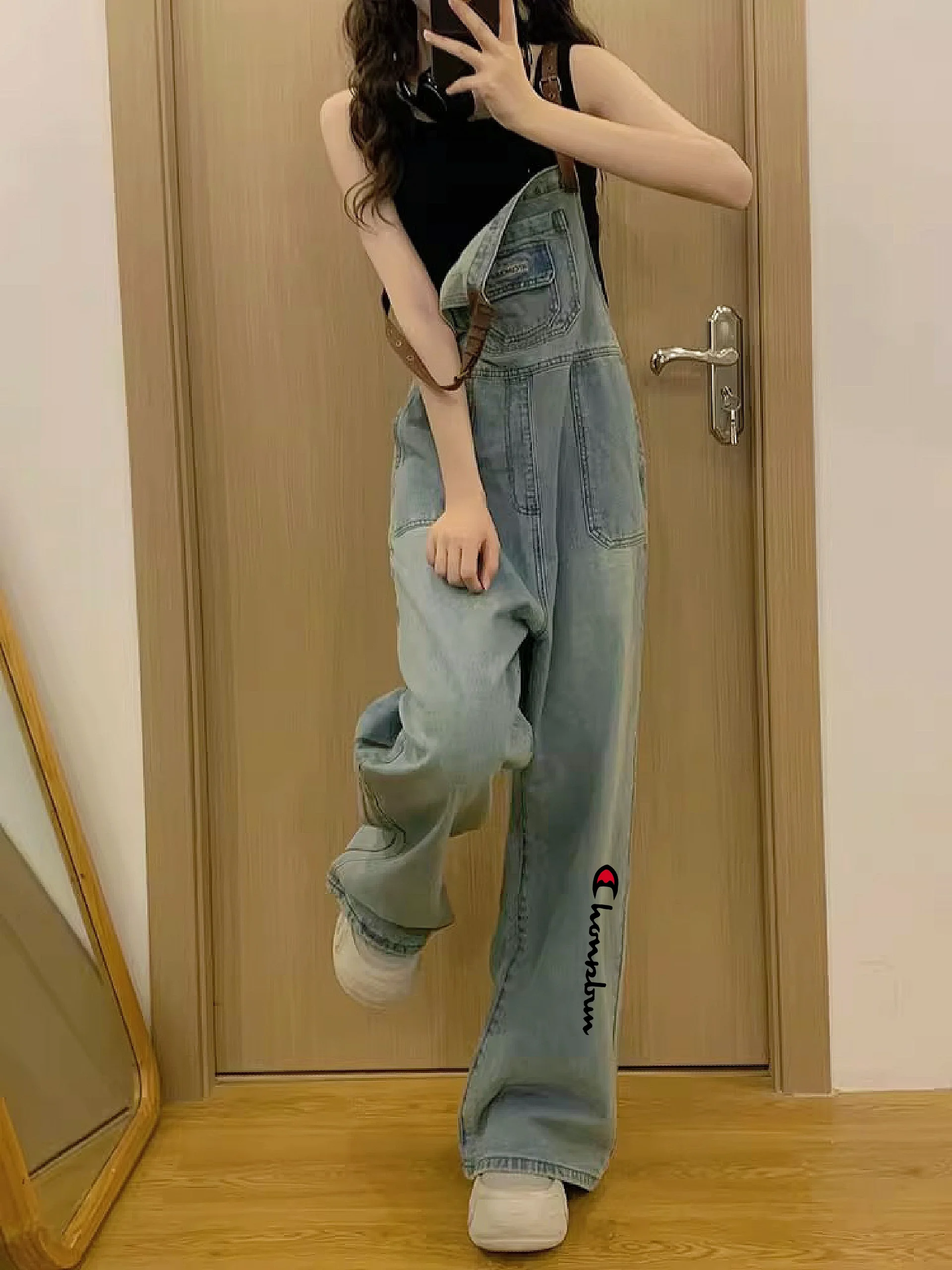 Adorable American Sle Denim Overalls Women's Spring Autumn Loose Wide Leg Workwear High Waist Casual Zipper High Waist