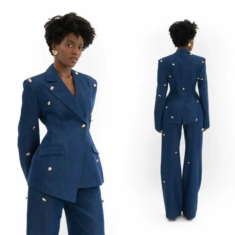 Elegant Ladies 2‑Piece Outfit Notched Lapel Gold Stud Double Breasted Blazer Wide‑Leg Trousers Business Party Suit Customized