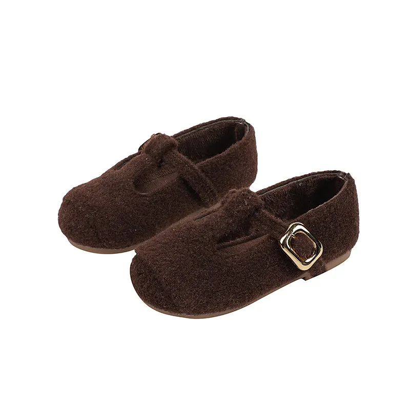 Zapatos de invierno para niños, zapatos de algodón suaves y esponjosos de Color sólido para niñas, zapatos planos informales de moda con punta redonda para niños, zapatos planos con gancho y bucle calado