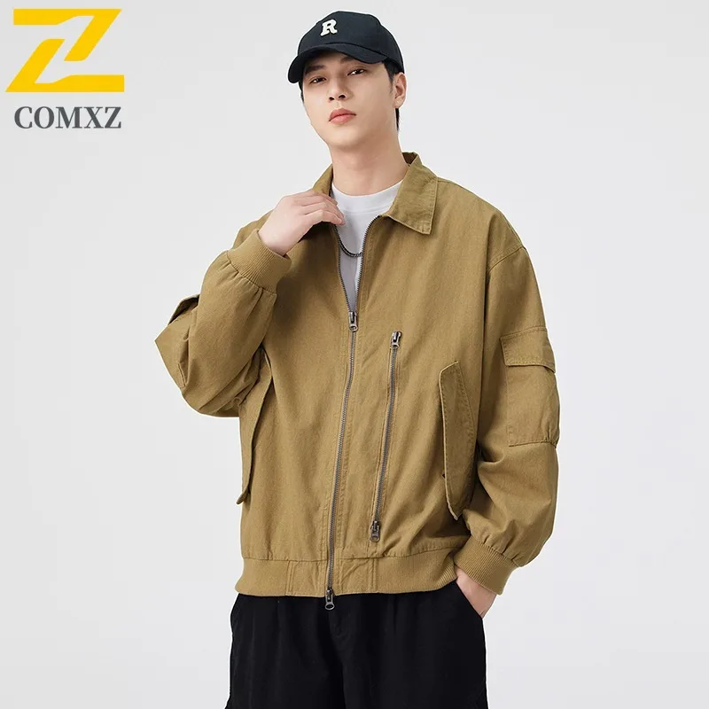 

COMXZ Mens Jacket Classic Turndown Collar Outdoor Adventure Comfortable Zipper Decoration Korean Style Lightweight Autumn Coat