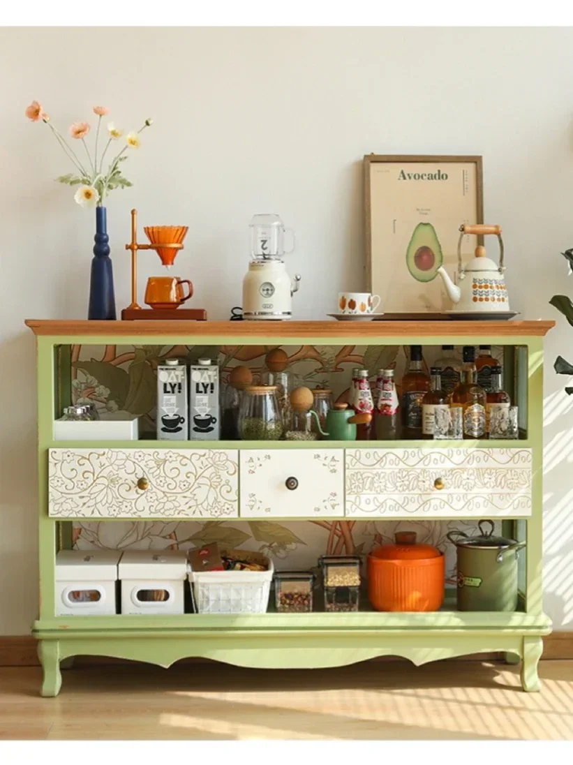 Premium American style retro carved green dining cabinet, pastoral style living room display cabinet